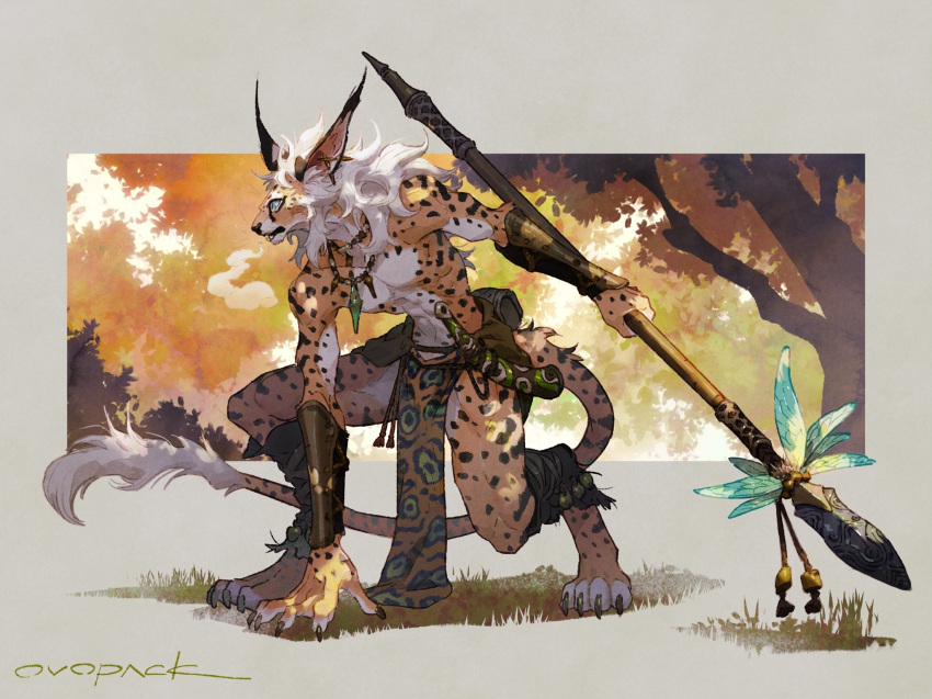 1boy animal_ears arm_guards artist_name blue_eyes body_fur cat_boy cat_ears cat_tail claws commentary digitigrade ear_piercing from_side full_body fur-tipped_tail furry furry_male highres holding holding_polearm holding_weapon horn_(instrument) insect_wings jewelry loincloth looking_ahead male_focus medium_hair murayama_ryouta necklace orange_fur original outdoors pelvic_curtain piercing polearm pouch signature solo spear spots squatting tail toned toned_male topless_male tree weapon white_hair wings