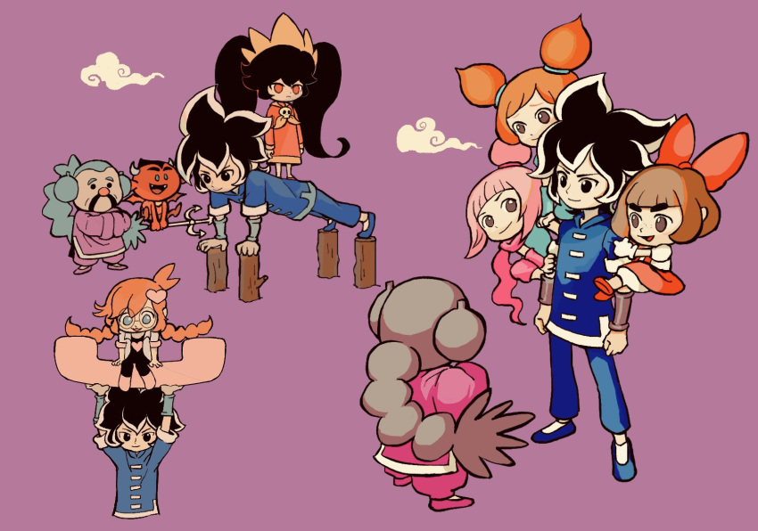 3boys 5girls :d ana_(warioware) arm_hug arms_up ashley_(warioware) black_bodysuit black_eyes black_footwear black_hair bloomers blue_pants blue_shirt blunt_bangs bodysuit bow braid braided_ponytail brown_eyes brown_hair closed_mouth clouds coat commentary_request cropped_torso demon dress exercise expressionless facial_hair fangs freckles glasses gloves green_eyes grey_hair hair_between_eyes hair_bow hair_ornament hands_in_opposite_sleeves heart heart_hair_ornament high_ponytail highres kat_(warioware) lab_coat long_hair long_sleeves looking_at_viewer lulu_(warioware) master_mantis multiple_boys multiple_girls multiple_views mustache open_clothes open_coat open_mouth orange_hair pants penny_crygor pinafore_dress pink_hair ponytail purple_background purple_footwear purple_pants push-ups red_(warioware) red_bow red_dress red_eyes red_footwear rfufvas3phbxkxa round_eyewear shirt shoes short_hair short_sleeves short_twintails siblings sidelocks simple_background single_braid sisters sitting sleeveless sleeveless_dress smile smirk solid_circle_eyes standing_on_person swept_bangs thick_eyebrows twin_braids twintails v-shaped_eyebrows vambraces very_long_hair warioware white_bloomers white_coat white_gloves white_shirt whorled_clouds young_cricket