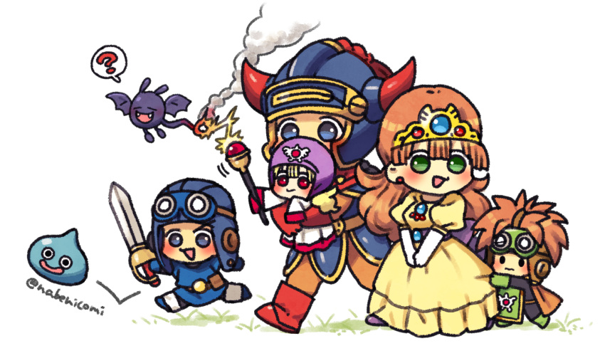 2girls 3boys ? armor blonde_hair blue_eyes blue_gemstone blue_gloves blue_headwear blush_stickers boots burning cape carrying carrying_person child commentary_request dracky dragon_quest dragon_quest_i dragon_quest_ii dress earrings fake_horns full_body gem gloves goggles goggles_on_headwear green_eyes green_gloves helmet hero_(dq1) holding holding_staff holding_sword holding_weapon hood horned_helmet horns jewelry juliet_sleeves long_dress long_hair long_sleeves looking_at_another magic multiple_boys multiple_girls nabenko orange_hair prince_of_lorasia prince_of_samantoria princess princess_laura princess_of_moonbrook puffy_sleeves purple_headwear purple_hood red_cape red_eyes red_footwear red_gloves shoulder_armor slime_(dragon_quest) smoke spiky_hair spoken_question_mark staff sword tiara twitter_username walking weapon white_background white_gloves white_tunic yellow_dress