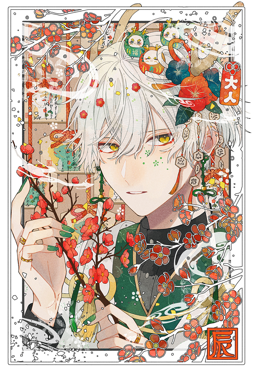 1boy bishounen branch chinese_zodiac commentary_request dragon_boy dragon_horns flower green_nails hair_between_eyes hair_flower hair_ornament highres holding holding_branch horns jewelry long_sleeves looking_at_viewer original red_flower ring shira_mame93 short_hair white_hair year_of_the_dragon yellow_eyes