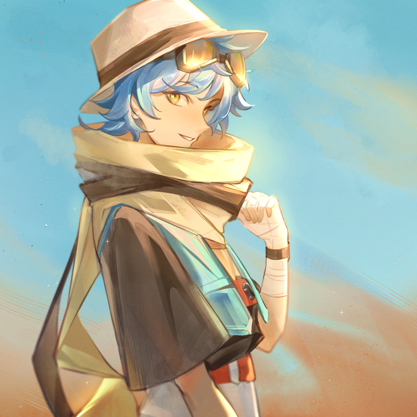 1other absurdres androgynous bandaged_hand bandages black_ribbon blue_hair blue_vest character_request day from_side goggles goggles_on_head grey_sleeves hat hat_ribbon highres looking_at_viewer outdoors ribbon scarf short_hair short_sleeves toho10min upper_body vest white_headwear yellow_scarf