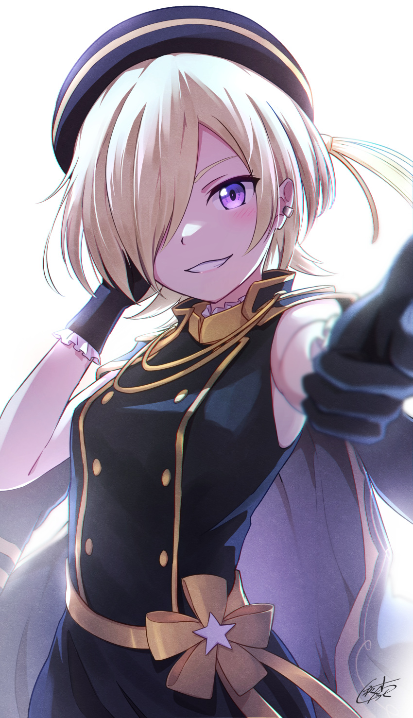 1girl absurdres backlighting black_dress black_gloves black_headwear blonde_hair blurry blurry_foreground blush dress earrings frilled_gloves frills gloves grin hair_over_one_eye hand_in_own_hair hat highres jewelry looking_at_viewer love_live! love_live!_nijigasaki_high_school_idol_club mia_taylor short_hair simple_background sleeveless sleeveless_dress smile solo upper_body violet_eyes white_background yatoroku