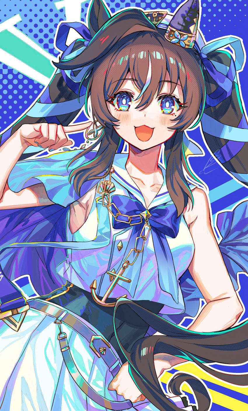 1girl :3 :d absurdres anchor_symbol animal_ears armpits bare_shoulders beret black_one-piece_swimsuit blue_background blue_bow blue_bowtie blue_cape blue_eyes blue_ribbon blush bow bowtie breasts brown_hair cape chain collarbone commentary_request contrapposto covered_navel cowboy_shot dress ear_covers ear_ornament hair_between_eyes hair_ornament hair_ribbon hat highres horse_ears horse_girl long_hair looking_at_viewer medium_breasts mole mole_under_eye one-piece_swimsuit open_mouth pleated_skirt pointing pointing_at_self ribbon sailor_collar sailor_hat shibuki_kamone shirt sidelocks single_ear_cover skirt sleeveless sleeveless_dress sleeveless_shirt smile solo standing swimsuit swimsuit_under_clothes twintails umamusume vivlos_(umamusume) white_headwear white_sailor_collar white_shirt white_skirt