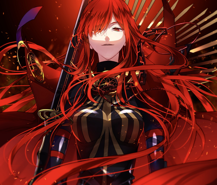 1girl absurdres black_bodysuit bodysuit cape collared_cape family_crest fate/grand_order fate_(series) hair_over_one_eye highres jswm72 looking_at_viewer medallion oda_nobunaga_(fate) oda_nobunaga_(maou_avenger)_(fate) oda_uri parted_lips popped_collar red_background red_cape red_eyes red_theme redhead solo tight_top upper_body