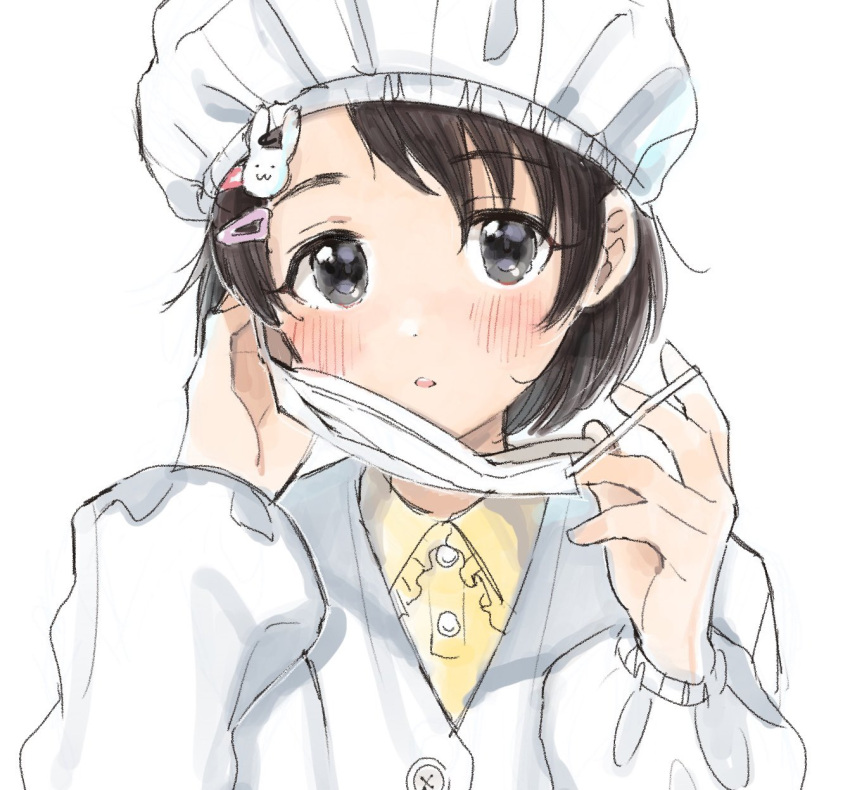 1girl adjusting_mask black_eyes black_hair blush breasts dot_nose frilled_shirt_collar frills hair_ornament hairclip hands_up hat highres idolmaster idolmaster_cinderella_girls idolmaster_cinderella_girls_starlight_stage jacket long_sleeves looking_at_viewer mask mouth_mask nanagaedemo parted_lips rabbit_hair_ornament sasaki_chie shirt short_hair simple_background small_breasts solo upper_body white_background white_headwear white_jacket yellow_shirt
