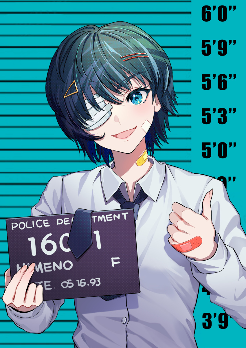 1girl absurdres alternate_breast_size bandage_over_one_eye bandaid bandaid_on_cheek bandaid_on_face bandaid_on_hand bandaid_on_neck barbie_mugshot_(meme) black_hair black_necktie blue_eyes breasts chainsaw_man commentary hair_ornament hairclip hairpin head_tilt height_chart highres himeno_(chainsaw_man) holding holding_sign kiunchiku loose_necktie meme mugshot necktie open_mouth short_hair sign small_breasts smile solo thumbs_up upper_body