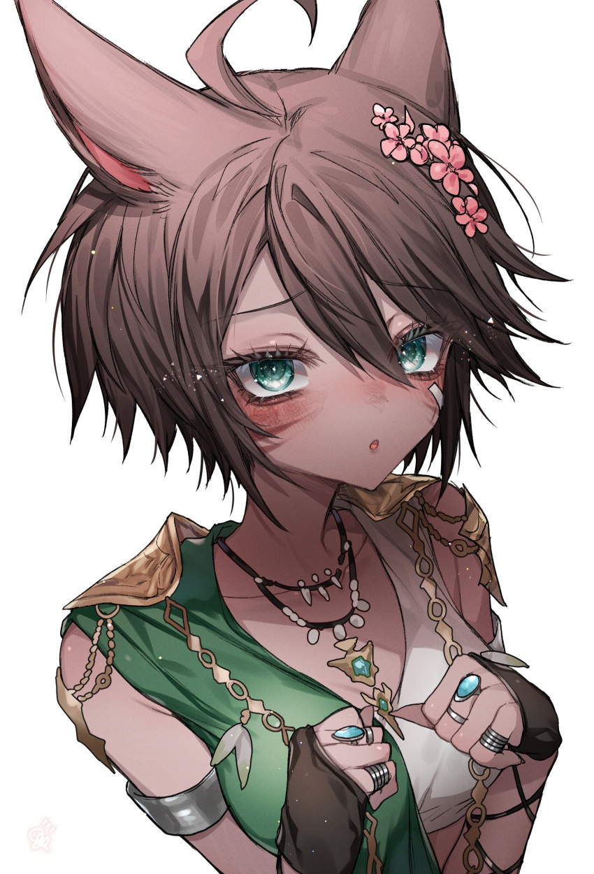 1girl :o absurdres ahoge animal_ears armlet blush breasts brown_hair cat_ears clenched_hands final_fantasy final_fantasy_xiv fingernails gloves green_eyes green_tunic highres jewelry kcc_9646 looking_at_viewer makeup miqo'te multiple_necklaces multiple_rings ornate_ring partially_fingerless_gloves ring short_hair shoulder_pads shy simple_background small_breasts solo tank_top upper_body warrior_of_light_(ff14) white_tank_top