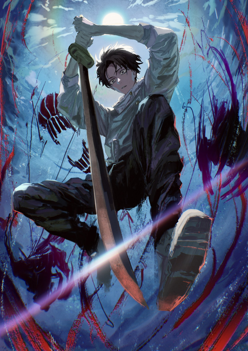 1boy black_eyes black_hair black_pants fighting_stance full_body highres holding holding_sword holding_weapon jacket jujutsu_kaisen jujutsu_tech_uniform katana kota_2kx long_sleeves male_focus night okkotsu_yuuta orimoto_rika outdoors pants school_uniform shoes short_hair sword weapon white_jacket