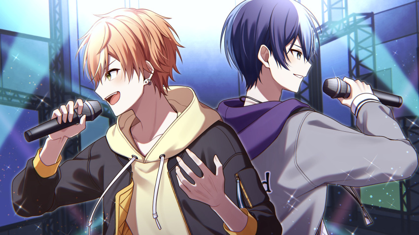 aoyagi_touya blonde_hair blue_eyes blue_hair blush commentary earrings fang green_eyes grin highres holding holding_microphone hood hoodie jewelry long_sleeves looking_ahead microphone multicolored_hair multiple_earrings music necklace open_mouth orange_hair project_sekai shinonome_akito singing smile sparkle stage streaked_hair symbol-only_commentary teneko02 v-shaped_eyebrows