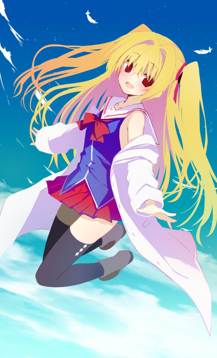 1girl :d bare_shoulders black_thighhighs blonde_hair blue_shirt blue_sky blush bow brown_footwear coat commentary_request day falling_feathers feet_up floating_hair full_body hair_between_eyes hair_intakes hair_ribbon highres irotoridori_no_sekai lab_coat long_hair long_sleeves looking_at_viewer midair miniskirt nagesuteaka nikaidou_shinku open_clothes open_coat open_hands open_mouth outdoors outstretched_arms partial_commentary pleated_skirt red_bow red_eyes red_ribbon red_skirt ribbon sailor_collar school_uniform serafuku shirt skirt sky sleeveless sleeveless_shirt smile solo thigh-highs two_side_up very_long_hair white_sailor_collar zettai_ryouiki