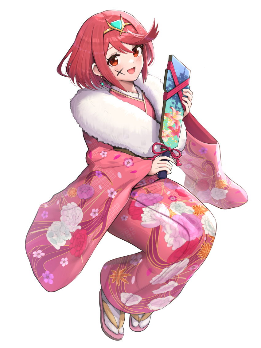 1girl :d absurdres alternate_costume blush commentary_request floral_print gonzarez headpiece highres holding japanese_clothes kimono long_sleeves looking_at_viewer new_year open_mouth print_kimono pyra_(xenoblade) red_eyes red_kimono redhead short_hair simple_background smile socks solo swept_bangs tabi white_background white_socks wide_sleeves xenoblade_chronicles_(series) xenoblade_chronicles_2