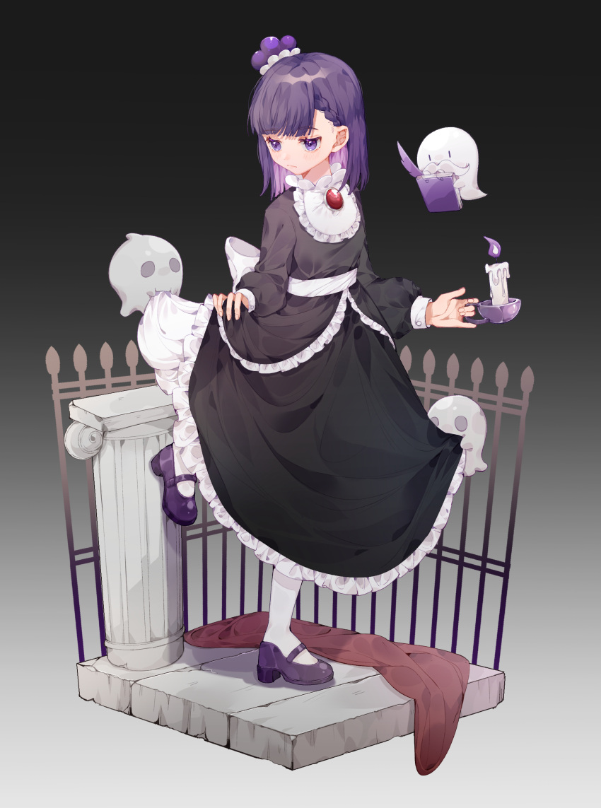 1girl absurdres blackberry_cookie blush book braid brooch candle commentary cookie_run dress expressionless fence fire food-themed_hat frilled_dress frills ghost ghost_butler high_collar highres isometric jewelry jitome long_hair long_sleeves looking_down marumarumarumua mary_janes pantyhose purple_fire purple_hair shoes standing standing_on_one_leg violet_eyes