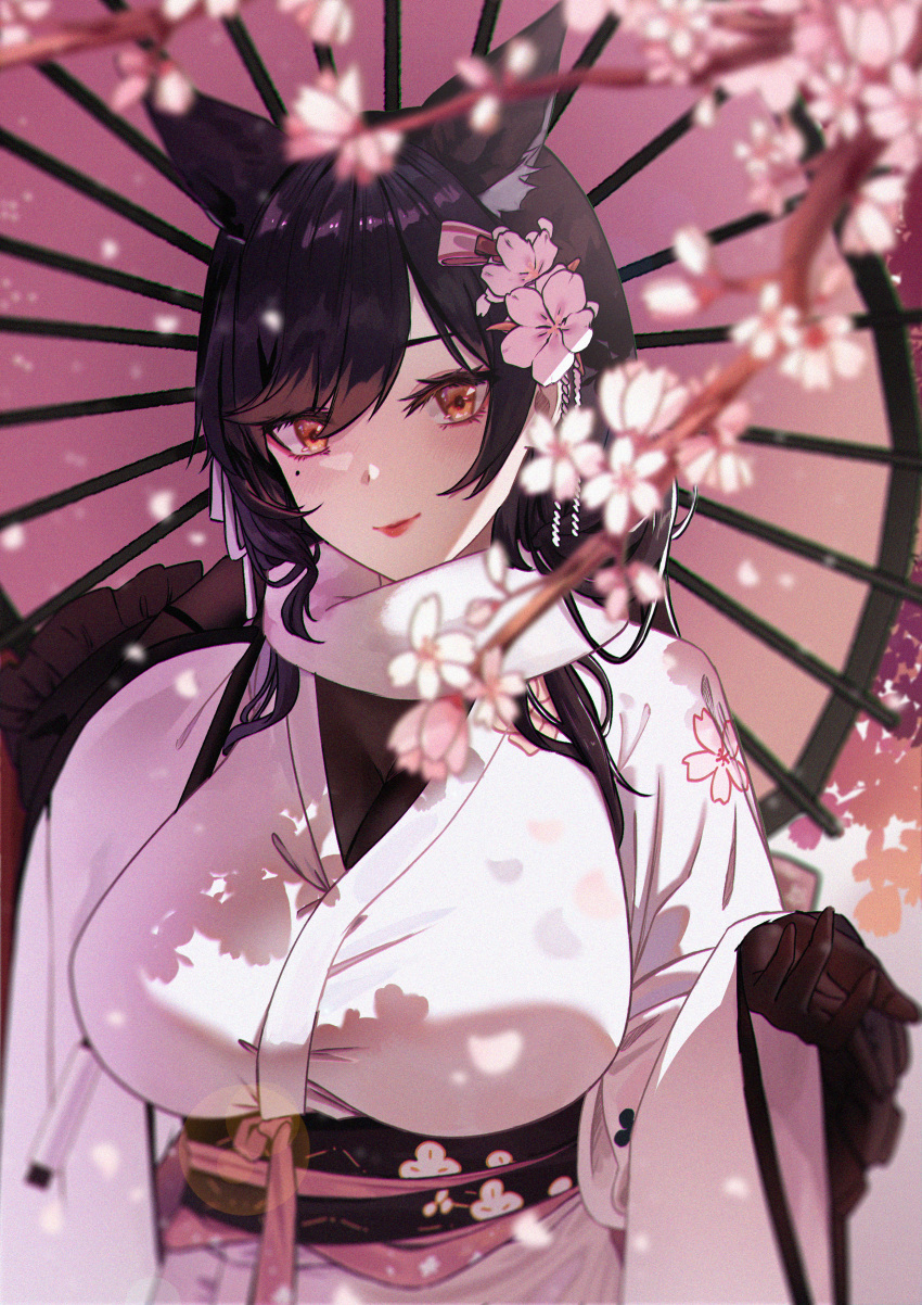 1girl absurdres animal_ear_fluff animal_ears atago_(azur_lane) atago_(hallmarks_of_winter)_(azur_lane) azur_lane black_gloves black_hair blurry blurry_foreground blush cherry_blossoms closed_mouth floral_print floral_print_kimono flower gloves hair_flower hair_ornament hands_up highres holding holding_umbrella japanese_clothes kimono lips long_hair long_sleeves looking_at_viewer mole mole_under_eye noyuki_(3702) official_alternate_costume oil-paper_umbrella pink_flower scarf smile solo swept_bangs textless_version umbrella upper_body white_kimono white_scarf wide_sleeves yellow_eyes