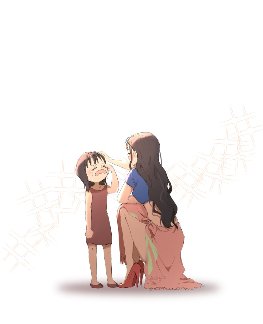 ^_^ back black_hair blue_jacket child closed_eyes commentary crying dress duckprotector26 english_commentary eyewear_on_head hand_on_another's_head high_heels highres jacket long_hair nico_robin one_piece pink_sarong sarong short_hair sidelocks simple_background