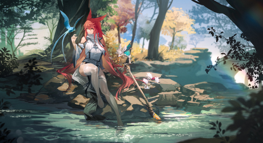 1girl animal_ears bird bird_on_hand blurry brown_eyes bush cat_ears clothing_cutout depth_of_field dress final_fantasy final_fantasy_xiv foliage forest full_body highres long_bangs long_hair looking_to_the_side mage_staff mask miqo'te nature pelvic_curtain rainbow redhead rff_(3_percent) river riverbank rock shoulder_cutout silver_mask sitting sitting_on_rock slit_pupils solo thigh-highs tree turtleneck_dress unworn_mask very_long_hair warrior_of_light_(ff14) wet_thighhighs white_dress white_mage white_thighhighs