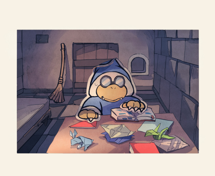 1boy bed blue_headwear blue_robe book bookmark border broom claws closed_mouth commentary_request door fangs fangs_out glasses hat indoors kamek long_sleeves opaque_glasses open_book origami paper paper_crane paper_mario paper_mario:_the_origami_king rfufvas3phbxkxa robe round_eyewear solo super_mario_bros. sweatdrop table white_border window