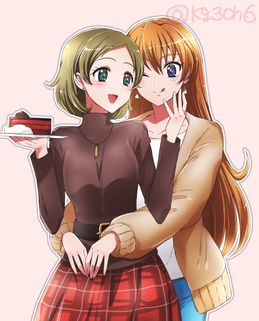 2girls ;q aged_up belt black_belt black_shirt blue_eyes blue_pants brown_cardigan brown_hair cake cardigan chocolate_cake closed_eyes commentary_request earrings food green_eyes grey_outline hand_on_another's_face highres holding holding_plate houjou_hibiki hug hug_from_behind jewelry kagami_chihiro long_hair long_sleeves looking_at_another looking_back minamino_kanade multiple_girls necklace one_eye_closed open_cardigan open_clothes open_mouth orange_hair outline pants pink_background plaid plaid_skirt plate pleated_skirt precure red_skirt shirt short_hair skirt smile standing stud_earrings suite_precure tongue tongue_out turtleneck twitter_username white_outline white_shirt
