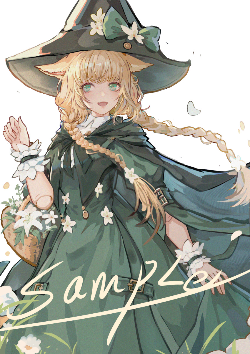 1girl absurdres animal_ears basket blonde_hair braid capelet cat_ears dress fang feet_out_of_frame final_fantasy final_fantasy_xiv flower flower_basket green_capelet green_dress green_eyes hair_flower hair_ornament hat hat_flower highres holding holding_basket huizhoumao light_smile long_hair looking_to_the_side miqo'te open_mouth sample_watermark scrunchie solo twin_braids upper_body warrior_of_light_(ff14) watermark white_flower witch_hat wrist_scrunchie