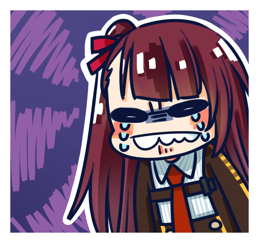 1girl black_jacket blush chibi chinese_commentary commentary_request crying girls_frontline gloom_(expression) hair_ribbon highres jacket long_hair necktie o_o official_art one_side_up purple_background purple_hair red_necktie red_ribbon ribbon shirt simple_background solo su_xiao_jei tears teeth upper_teeth_only very_long_hair wa2000_(girls'_frontline) white_shirt