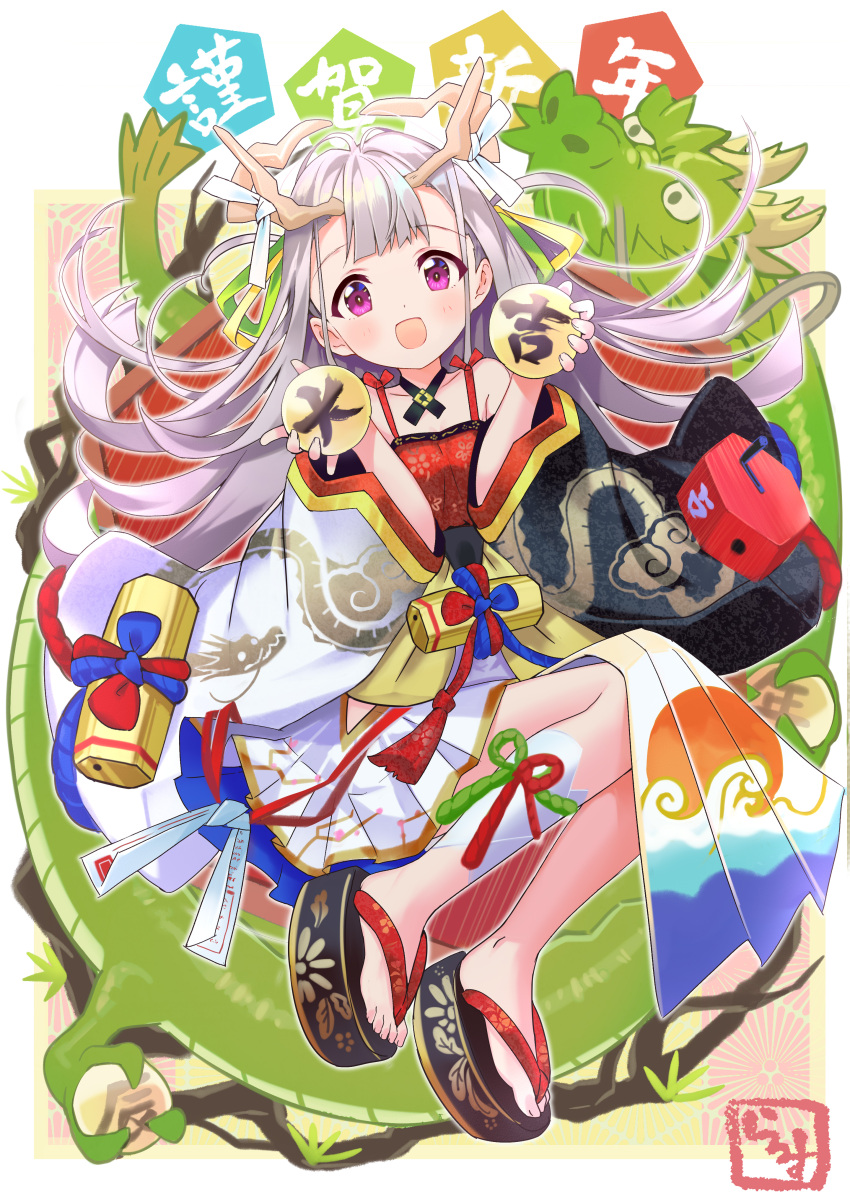 1girl absurdres ball child chinese_zodiac commentary_request dragon dragon_girl dragon_horns dragon_print eastern_dragon grey_hair highres holding holding_ball horns light_blush long_sleeves looking_at_viewer nengajou new_year okobo open_mouth original rassie_s sandals smile solo violet_eyes year_of_the_dragon