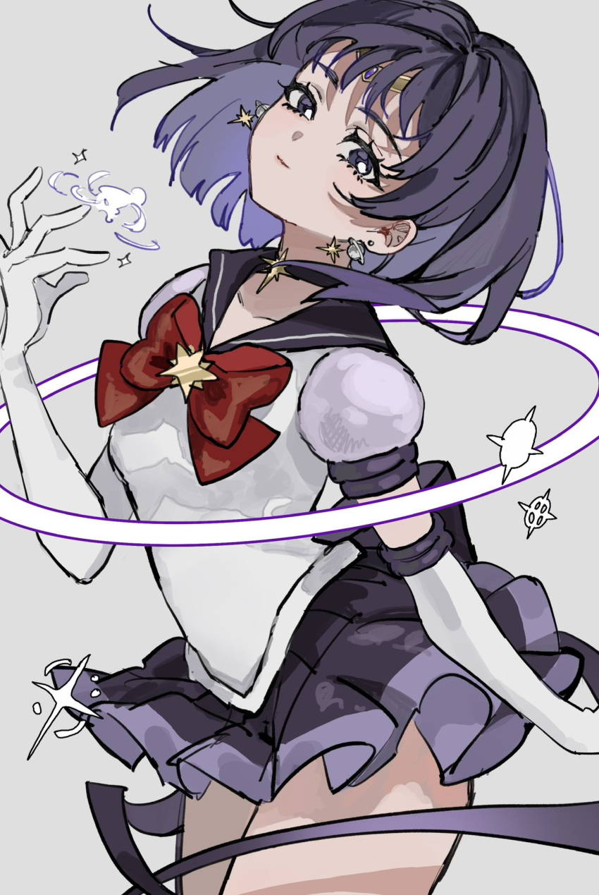 1girl back_bow bishoujo_senshi_sailor_moon bow brooch choker closed_mouth commentary earrings elbow_gloves gloves grey_background highres inu_totemo jewelry looking_at_viewer magical_girl puffy_short_sleeves puffy_sleeves purple_sailor_collar purple_skirt red_bow sailor_collar sailor_saturn sailor_senshi_uniform short_hair short_sleeves skirt solo sparkle star_(symbol) star_brooch star_choker violet_eyes white_gloves
