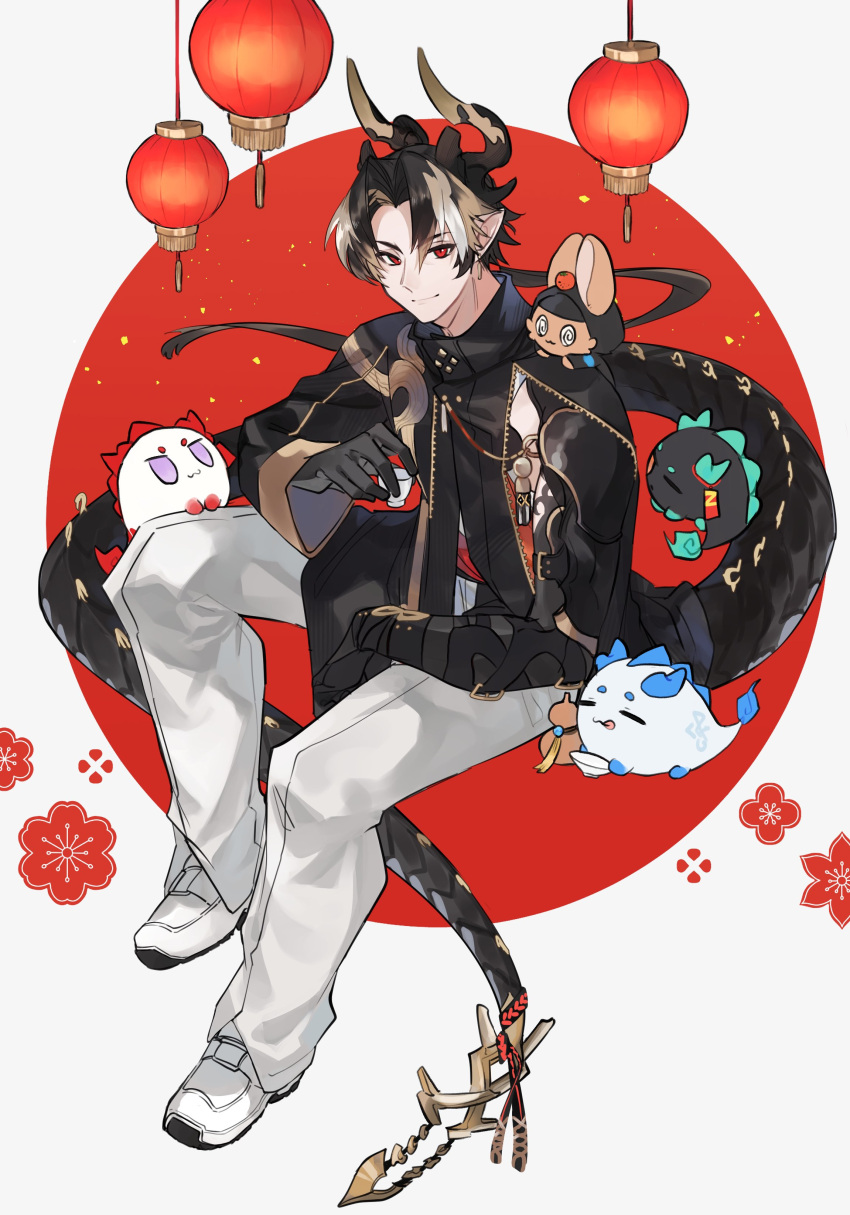 1boy absurdres animal_on_leg animal_on_shoulder arknights black_hair black_jacket brown_hair choko_(cup) chong_yue_(arknights) choshanland_plushy_(arknights) colored_skin cup doctor_(arknights) dragon_boy dragon_bubble_(arknights) dragon_horns dragon_tail dusk_(arknights) flower full_body highres holding holding_cup horns jacket ling_(arknights) long_sleeves looking_to_the_side multicolored_hair nian_(arknights) pants pointy_ears ponytail red_background red_eyes shirt sleeveless sleeveless_shirt smile solo_focus streaked_hair tail two-tone_background white_background white_footwear white_pants white_shirt yakota_(usuk-yako)