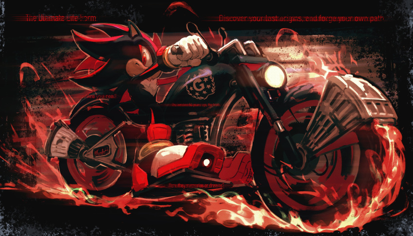 1boy absurdres english_text fire furry furry_male gloves highres kornart looking_at_viewer on_motorcycle red_eyes shadow_the_hedgehog shoes solo sonic_(series) watermark white_gloves