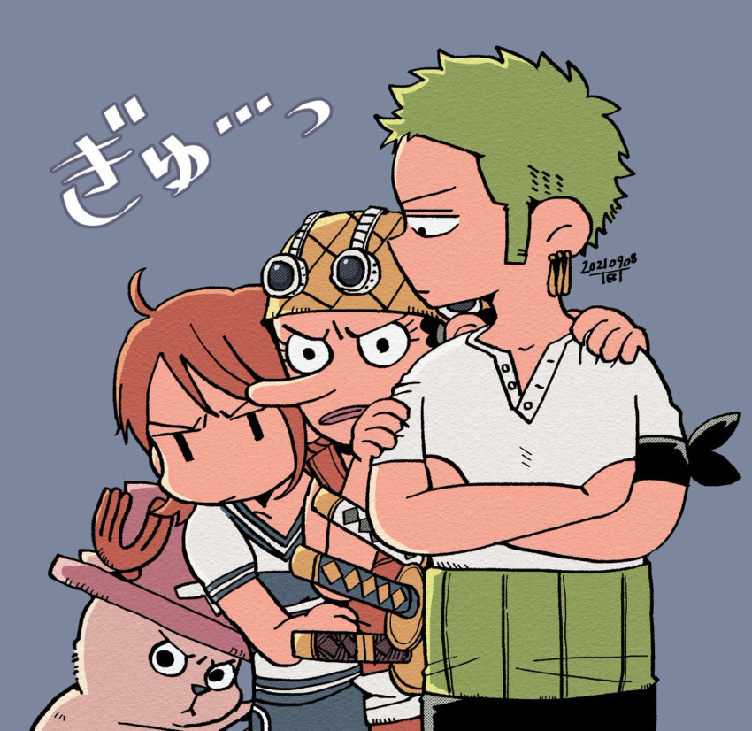 1girl 3boys antlers armband bad_id bad_twitter_id black_armband black_hair crossed_arms earrings eyelashes green_hair hat jewelry looking_at_another looking_to_the_side multiple_boys nami_(one_piece) one_piece orange_hair profile purple_background reindeer_antlers roronoa_zoro short_hair sideburns single_sidelock tabata_(tbt_btbt2020)