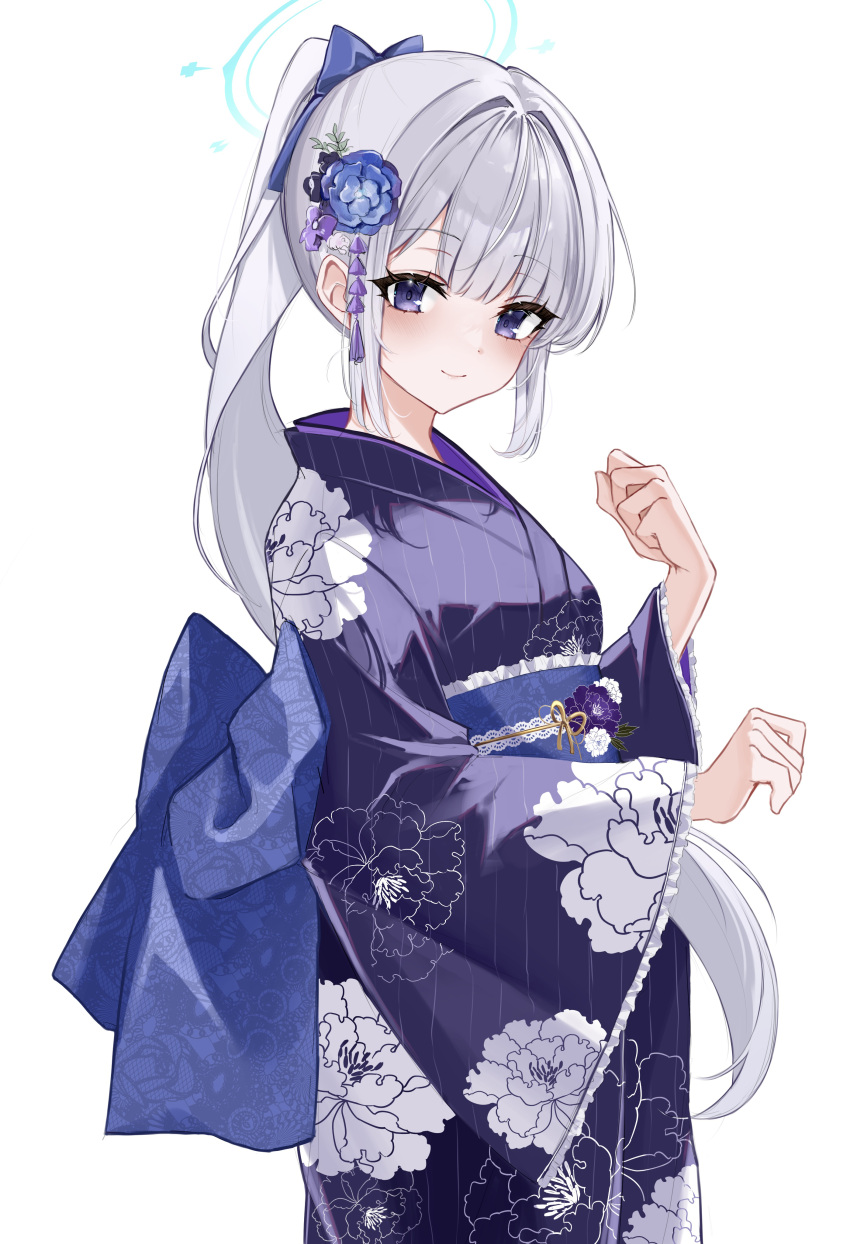 1girl absurdres alternate_costume blue_archive blue_eyes blush bow closed_mouth cowboy_shot floral_print floral_print_kimono flower hair_between_eyes hair_bow hair_flower hair_ornament highres japanese_clothes kimono long_hair long_sleeves looking_at_viewer miyako_(blue_archive) ponytail sidelocks smile solo white_hair wide_sleeves ya_ta