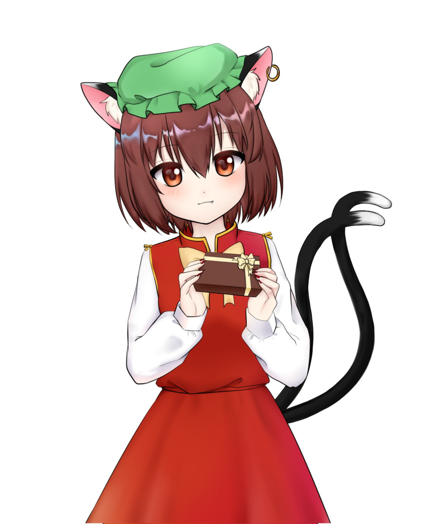 1girl animal_ear_fluff animal_ear_piercing animal_ears bow bowtie box brown_eyes brown_hair cat_ears cat_tail chen commentary_request cowboy_shot earrings fang fang_out gift gift_box gold_trim green_headwear hair_between_eyes hands_up hat head_tilt highres holding holding_box jewelry light_blush light_smile looking_at_viewer mob_cap multiple_tails nail_polish nekomata qi_lang3568 red_nails red_skirt red_vest short_hair simple_background single_earring skirt skirt_set solo tail touhou two_tails vest white_background yellow_bow yellow_bowtie