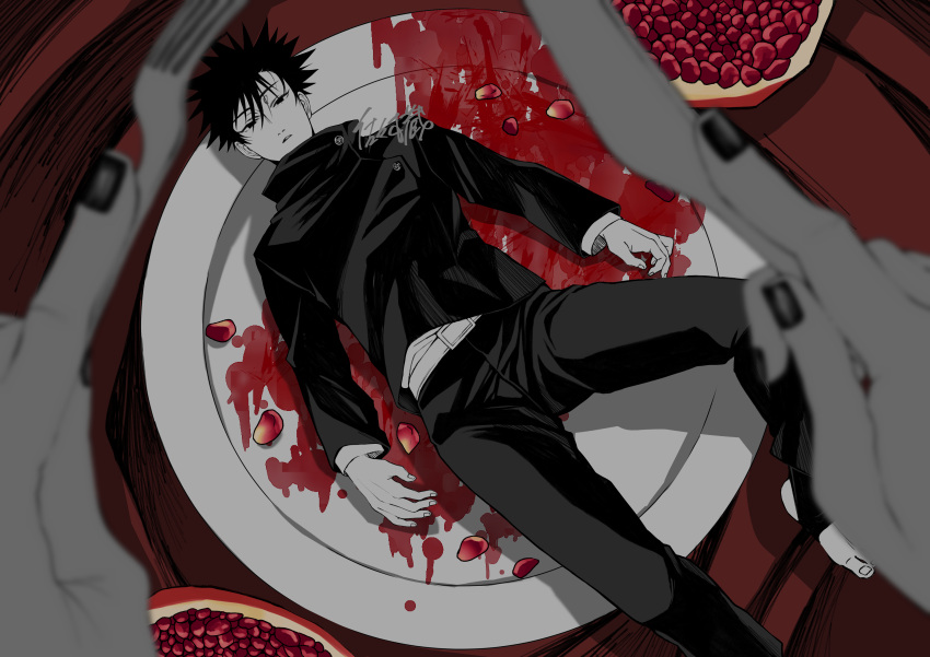 1boy 1other absurdres belt black_hair black_jacket black_nails black_pants commentary_request expressionless fake_blood fingernails food foot_out_of_frame fork from_above fruit fushiguro_megumi highres holding holding_fork holding_knife jacket jujutsu_kaisen jujutsu_tech_uniform knife limited_palette male_focus mini_person miniboy on_plate pants parted_lips plate pomegranate pov red_background sasaki_kura school_uniform shirt shirt_tucked_in signature solo_focus table_knife toenails white_belt white_shirt