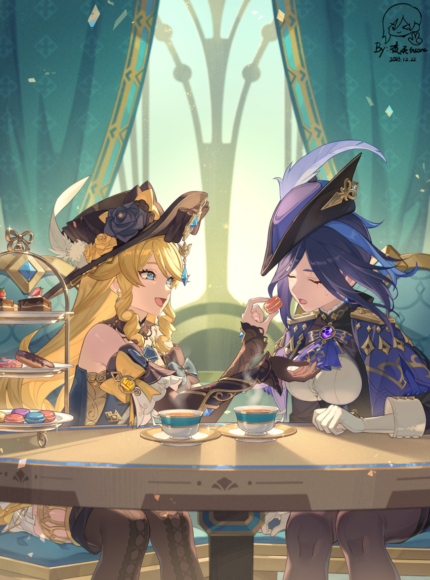 2girls absurdres blonde_hair blue_eyes breasts clorinde_(genshin_impact) closed_eyes cup eating elbow_gloves feathers fingerless_gloves food genshin_impact gloves hat highres holding holding_food indoors insane84699530 jewelry long_hair looking_at_another macaron multiple_girls navia_(genshin_impact) open_mouth purple_hair sitting smile sweat table tea teacup window yuri
