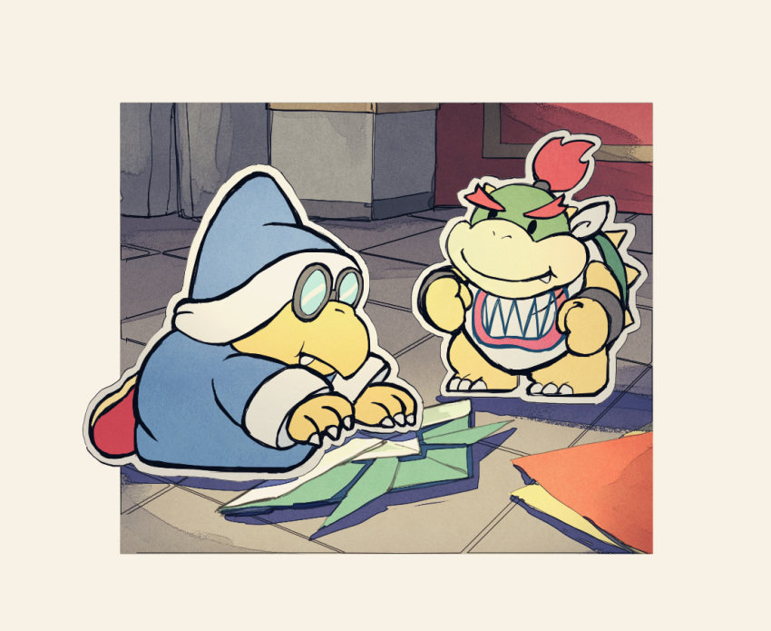 2boys bandana blue_headwear blue_robe border bowser_jr. bracelet claws clenched_hands closed_mouth commentary_request fang fang_out glasses hat horns indoors jewelry kamek kneeling long_sleeves multiple_boys opaque_glasses origami outside_border paper paper_hat paper_kabuto paper_mario paper_mario:_the_origami_king red_footwear redhead rfufvas3phbxkxa robe round_eyewear shoes smile solid_oval_eyes spiked_shell spikes standing super_mario_bros. turtle_shell v-shaped_eyebrows white_bandana white_border