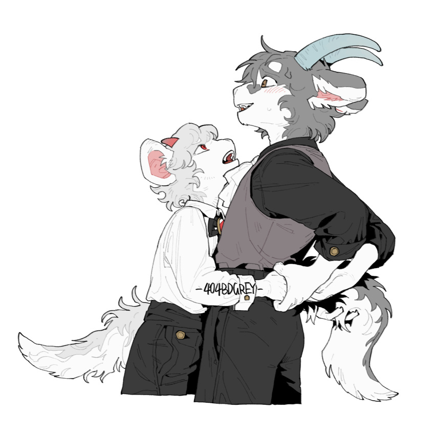 2boys 404bdgrey black_pants black_shirt brown_eyes couple eye_contact furry furry_male furry_with_furry goat_boy goat_horns grey_fur grey_vest highres holding_another's_tail holding_hands horns hug implied_yaoi looking_at_another multiple_boys original pants red_eyes shirt sweatdrop tail vest victorian white_fur white_hair white_shirt