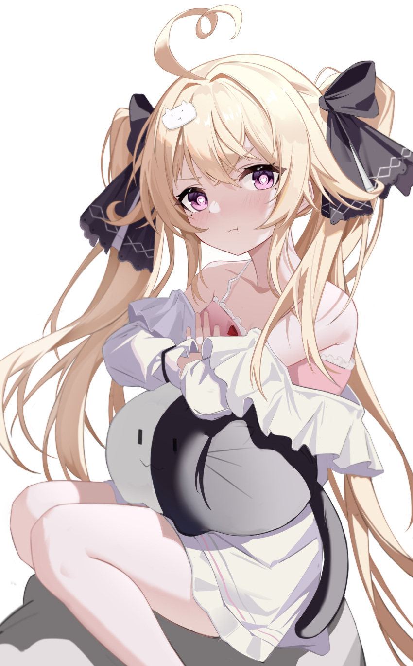 1girl :3 absurdres ahoge attilio_regolo_(azur_lane) attilio_regolo_(castle_of_inspiration)_(azur_lane) azur_lane bare_shoulders black_ribbon blush cat_hair_ornament collarbone crossed_arms dress frilled_jacket frills hair_ornament hair_ribbon heart heart-shaped_pupils heart_ahoge highres jacket light_brown_hair long_hair looking_at_viewer mole mole_under_eye official_alternate_costume pink_dress pout ribbon simple_background sleeveless sleeveless_dress solo spaghetti_strap stuffed_animal stuffed_toy symbol-shaped_pupils tns-yoru twintails violet_eyes white_background white_jacket