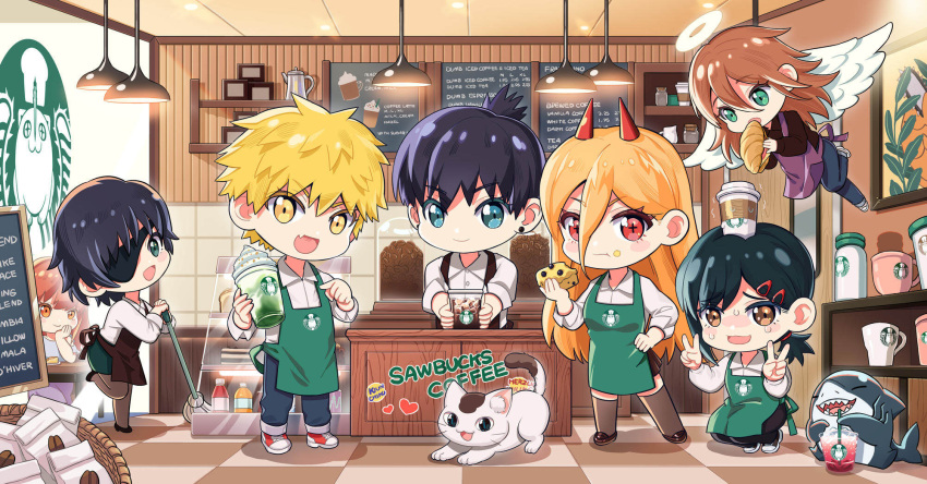 3boys 4girls androgynous angel_devil_(chainsaw_man) angel_wings apron barista basket black_hair blonde_hair blue_eyes brand_name_imitation brown_eyes brown_hair brown_thighhighs cake cat chainsaw_man chibi coffee_cup croissant cross-shaped_pupils cup denji_(chainsaw_man) disposable_cup double_v earrings eating eyepatch food food_in_mouth food_on_face green_apron green_eyes hair_between_eyes hair_ornament hairclip halo hand_on_own_hip hayakawa_aki higashiyama_kobeni highres horns jewelry kiunchiku logo_parody makima_(chainsaw_man) meowy_(chainsaw_man) mop mug multiple_boys multiple_girls object_on_head pochita_(chainsaw_man) pointing power_(chainsaw_man) purple_apron red_eyes red_horns redhead ringed_eyes shark shoes short_hair sneakers squatting standing standing_on_one_leg starbucks stud_earrings sweat symbol-shaped_pupils thigh-highs v whiskers wings yellow_eyes