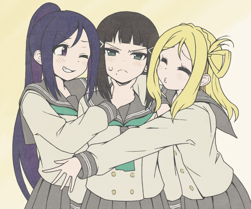 3girls :3 black_hair blonde_hair closed_eyes closed_mouth green_eyes hair_ornament hairclip jeffraysann kurosawa_dia long_hair long_sleeves love_live! love_live!_sunshine!! matsuura_kanan medium_hair mole mole_under_mouth multiple_girls ohara_mari parted_lips pleated_skirt ponytail purple_hair school_uniform skirt teeth violet_eyes yuri