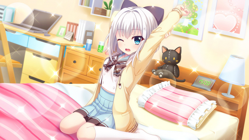 1girl arms_up bed bedroom black_bow blue_eyes book bookend bow breasts calendar_(object) cardigan chair clock computer cosplay desk desk_lamp digital_clock dot_nose drawer dutch_angle film_grain game_cg hair_bow heart hiiragi_kae hiiragi_kae_(cosplay) indoors izumi_tsubasu lamp laptop large_bow long_sleeves marehoshi_academy_school_uniform midriff_peek mouse_(computer) nishidate_haku no_shoes non-web_source official_art one_eye_closed open_mouth picture_frame pillow plant potted_plant purple_bow re:stage! school_uniform serafuku shelf short_hair sidelocks sitting small_breasts solo stretching stuffed_animal stuffed_cat stuffed_toy thigh-highs wariza white_hair white_thighhighs yellow_cardigan