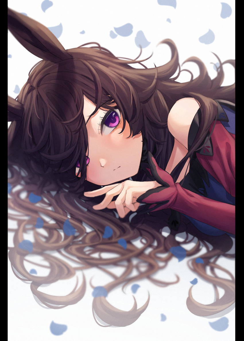 1girl absurdres animal_ears blue_dress brown_hair closed_mouth dress falling_petals hair_over_one_eye highres horse_ears horse_girl inui_(inuiw_) long_hair looking_at_viewer lying off-shoulder_dress off_shoulder on_side petals red_sleeves rice_shower_(umamusume) solo umamusume violet_eyes