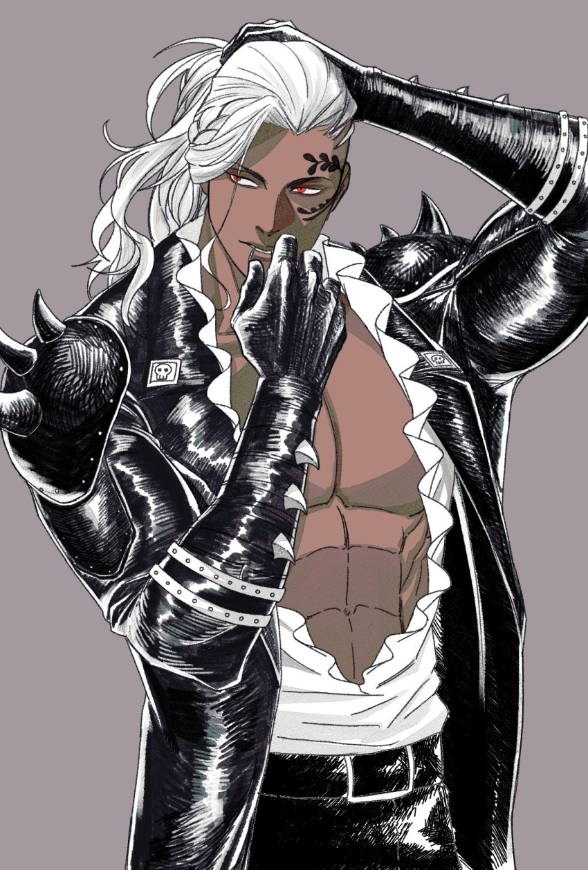 1boy asymmetrical_hair bishounen dark-skinned_male dark_skin facial_hair facial_tattoo gimp_suit highres jacket king_(one_piece) leather leather_jacket leather_suit long_hair male_focus muscular muscular_male one_piece sate_meng shirt shoulder_spikes solo spikes tattoo white_hair