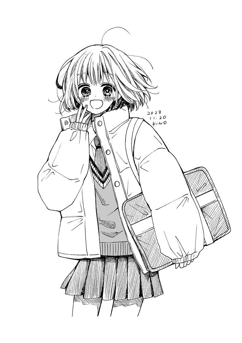 1girl absurdres artist_name bag blush collared_shirt commentary_request cowboy_shot cropped_legs crosshatching dated fingernails hatching_(texture) highres holding holding_bag jacket kinoshita_honoka linear_hatching long_sleeves looking_at_viewer necktie open_clothes open_jacket open_mouth original padded_jacket pleated_skirt puffy_long_sleeves puffy_sleeves school_uniform shirt short_sleeves simple_background skirt sleeves_past_wrists smile solo sweater_vest