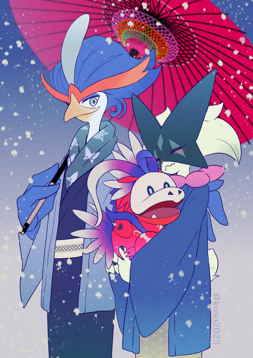 absurdres artist_name beak blue_background blue_eyes blue_hair blush closed_eyes closed_mouth clothed_pokemon commentary_request cosplay crocodilian fuecoco gradient_background highres holding holding_umbrella koraidon koraidon_(cosplay) koso2023 meowscarada pokemon pokemon_(creature) quaquaval snowing standing twitter_username umbrella wavy_mouth