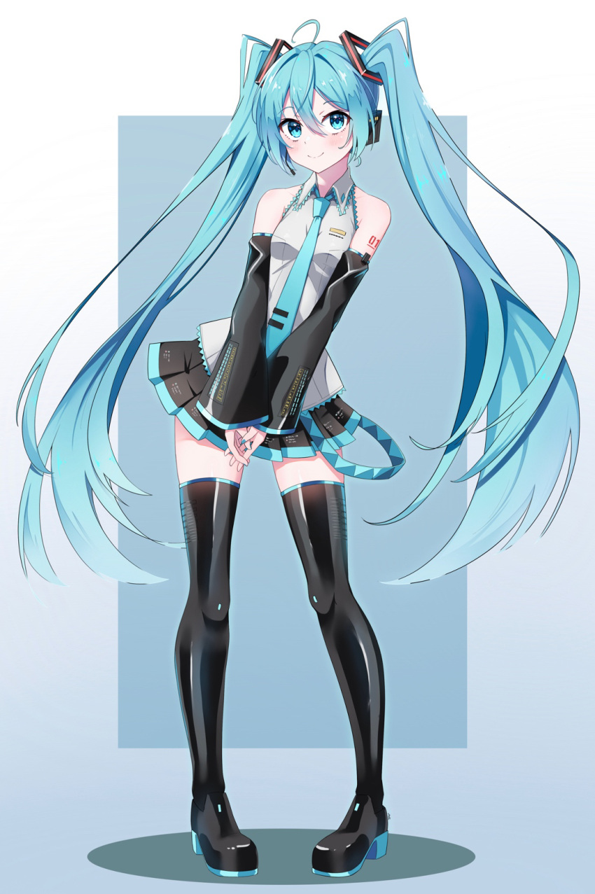 1girl ahoge aqua_eyes arm_tattoo black_footwear black_skirt black_sleeves blue_hair blue_nails blue_necktie blue_trim boots breasts collared_shirt contrapposto detached_sleeves floating_hair full_body hair_between_eyes hatsune_miku headphones headset highres long_hair long_sleeves looking_at_viewer microphone miniskirt nail_polish necktie number_tattoo pleated_skirt procrastinator39 shirt skirt sleeveless sleeveless_shirt small_breasts solo standing tattoo thigh_boots very_long_hair vocaloid white_shirt wing_collar zettai_ryouiki