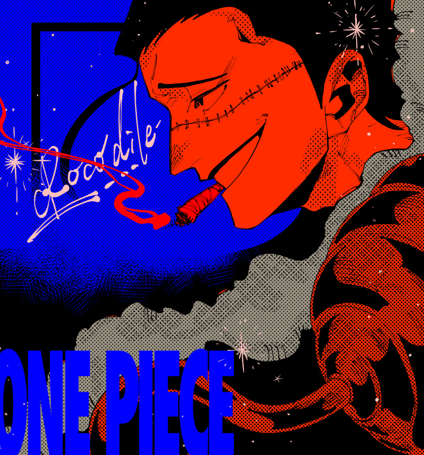 1boy black_eyes black_hair character_name cigar commentary_request crocodile_(one_piece) highres hook_hand larugo0513 male_focus mouth_hold one_piece scar scar_on_face short_hair smile smoke solo stitches teeth