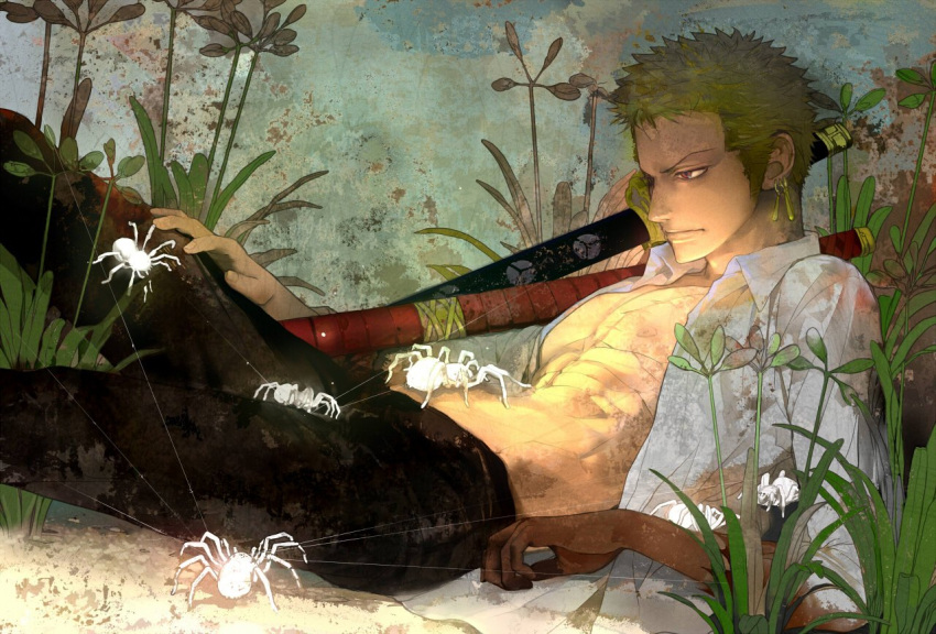 1boy abs bug closed_mouth commentary_request earrings english_commentary green_hair jewelry katana male_focus mixed-language_commentary one_piece open_clothes roronoa_zoro shirt short_hair silk single_earring solo spider spider_web sword vovo2000 weapon white_shirt
