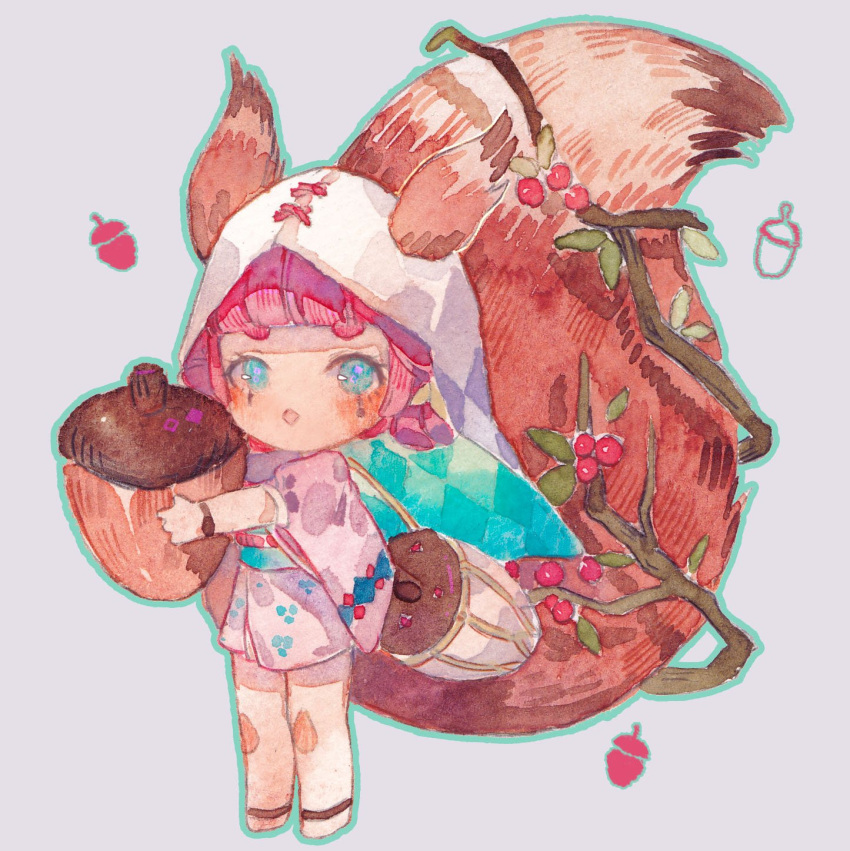1girl animal_ears aqua_outline argyle argyle_veil bag berry blue_eyes blue_veil blunt_bangs blunt_ends blush branch chibi eyelashes floral_print grey_background highres holding_acorn japanese_clothes kimono large_tail long_sleeves looking_at_viewer marking_on_cheek obi onmyoji open_mouth original oversized_object pink_hair pink_kimono pink_sleeves sash short_hair short_kimono shoulder_bag simple_background sleeves_past_elbows solo squirrel_ears squirrel_tail tail two-sided_veil watch watch white_bag white_veil wide_sleeves yanmian_(printemps-noir)