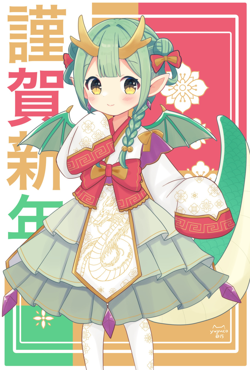 1girl absurdres bell bow braid child chinese_zodiac closed_mouth commentary_request crystal_earrings double_bun dragon dragon_girl dragon_horns dragon_print dragon_tail dragon_wings earrings floral_print green_hair hair_bell hair_bow hair_bun hair_ornament highres horns jewelry jingle_bell nekomura_yuyuko nengajou new_year original red_bow side_braid single_braid sleeves_past_fingers sleeves_past_wrists smile solo tail twitter_username very_long_sleeves wings year_of_the_dragon yellow_eyes