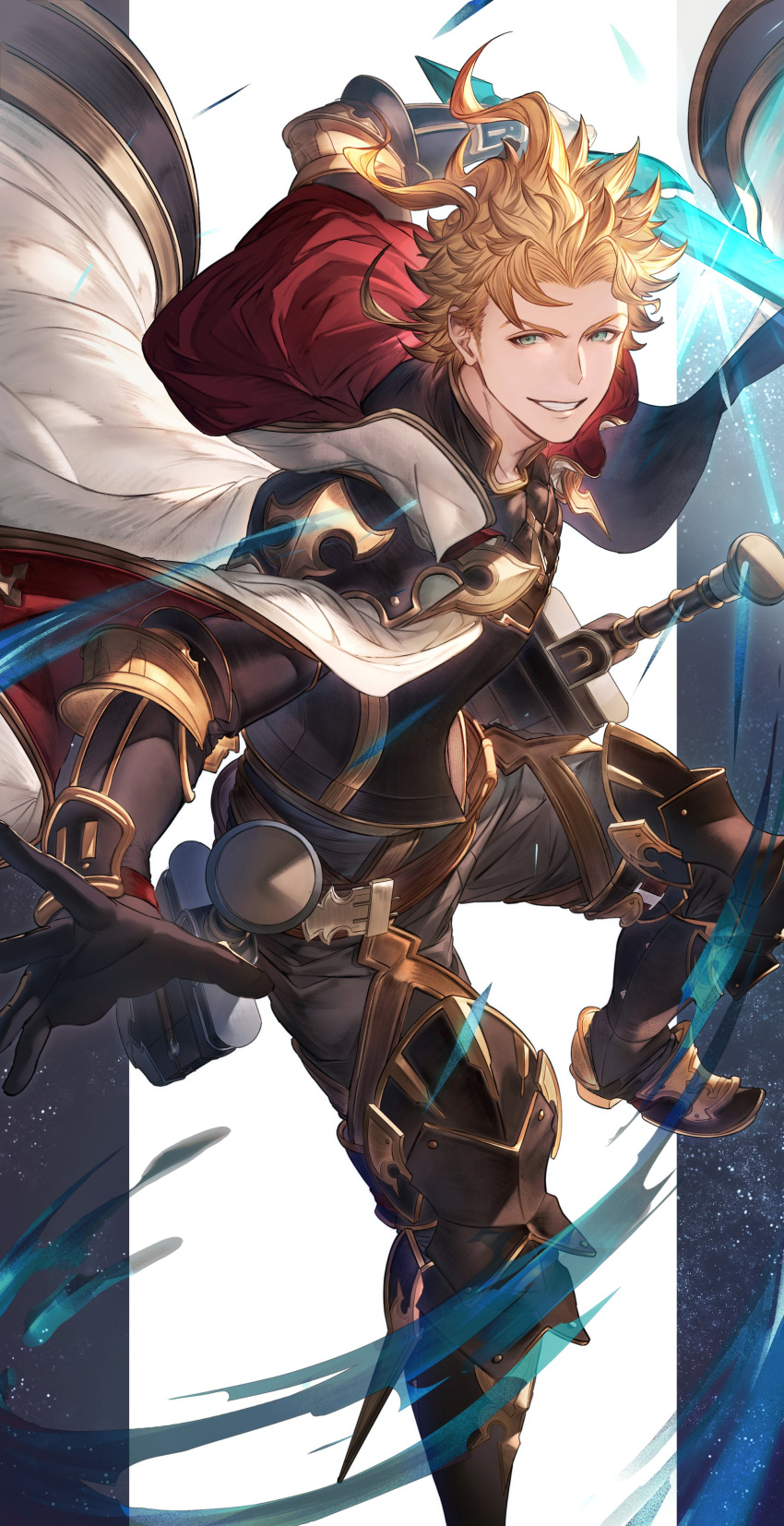 1boy absurdres armor armored_boots black_gloves black_pants blonde_hair blue_eyes boots cape chest_armor fighting_stance gido gloves granblue_fantasy highres holding holding_sword holding_weapon male_focus pants scabbard seofon_(granblue_fantasy) sheath sheathed short_hair smile solo sword teeth weapon white_cape