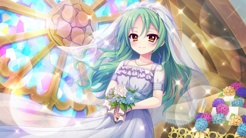 1girl blue_flower blush bouquet breasts closed_mouth collarbone cup dot_nose dress drinking_glass dutch_angle film_grain flower flower_request game_cg green_hair holding holding_bouquet hydrangea indoors izumi_tsubasu jewelry lens_flare long_hair looking_at_viewer medium_breasts necklace non-web_source official_art pearl_necklace pink_flower purple_flower re:stage! shirokita_kuroha short_sleeves smile solo sparkle stained_glass white_dress white_flower white_headwear white_veil yellow_eyes yellow_flower