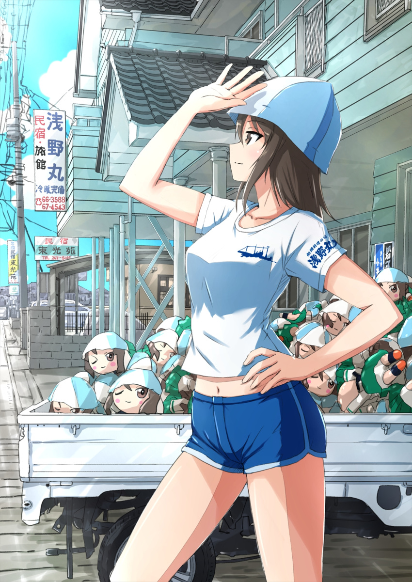 1girl blue_shorts blush breasts brown_eyes brown_hair closed_mouth collarbone day doll dolphin_shorts fumo_(doll) girls_und_panzer hand_on_own_hip highres large_breasts long_hair midriff mika_(girls_und_panzer) motor_vehicle navel omachi_(slabco) ooarai_(ibaraki) outdoors pickup_truck shirt short_shorts shorts sky small_breasts smile solo truck tulip_hat white_shirt
